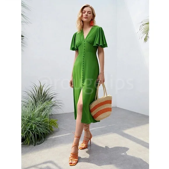 Green V-Neck Midi Dress Fit and Flare Butterfly Sleeve Faux Button Front - Picture 4 of 9